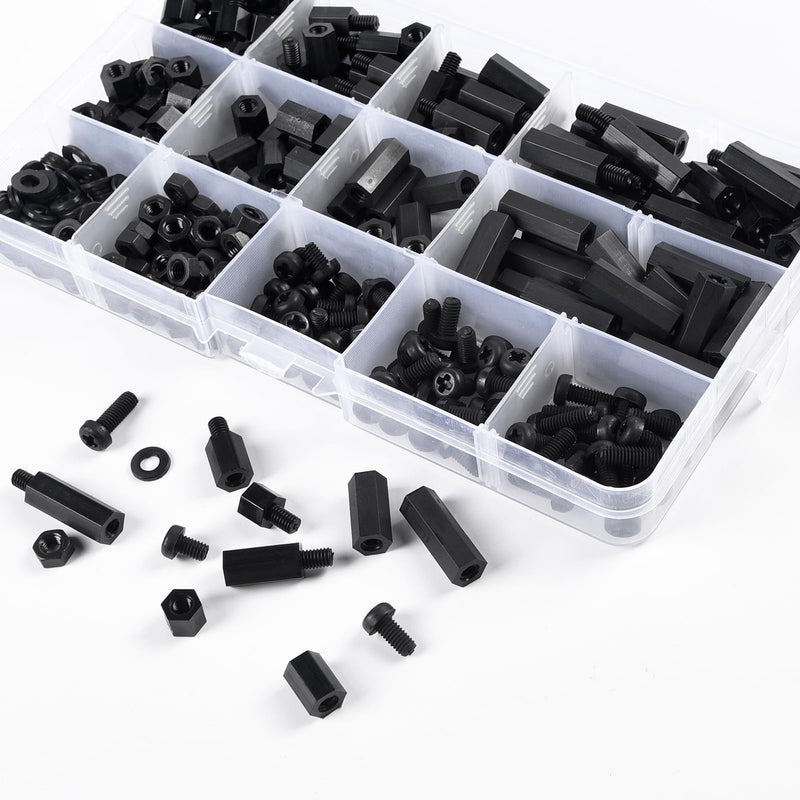 350Pcs M3 Male Female Nylon Hex Spacer Standoff Screws Nuts Motherboard Standoffs and Screws Assortment Kit Threaded Pillar for PCB Motherboard Circuit Board Black 350pcs M3