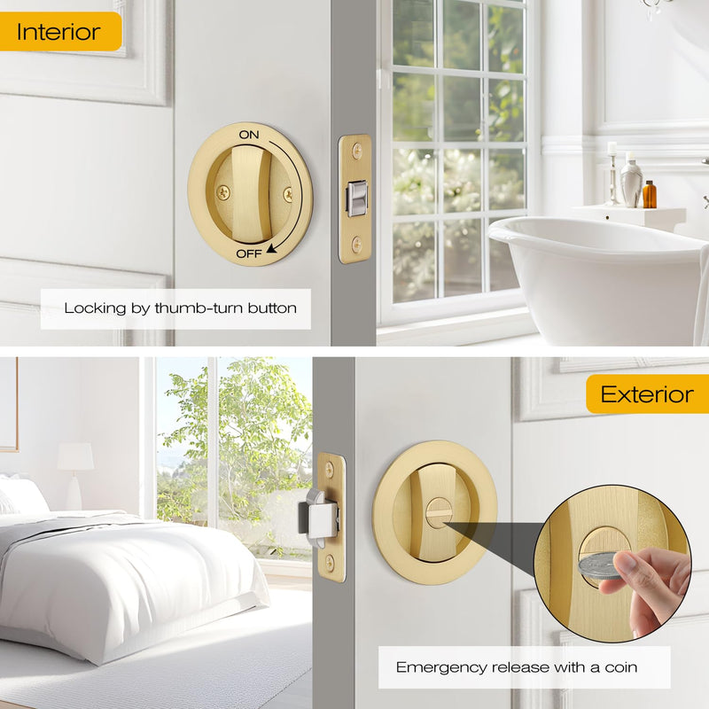 EHOMEWARE 2 Pack Brushed Gold Pocket Door Lock, Keyless Pocket Door Hardware, Round Pocket Door Handles for Sliding/Bifold Doors, Flush Pocket Door Privacy Lock Privacy Door Lock-2 Pack Satin Brass
