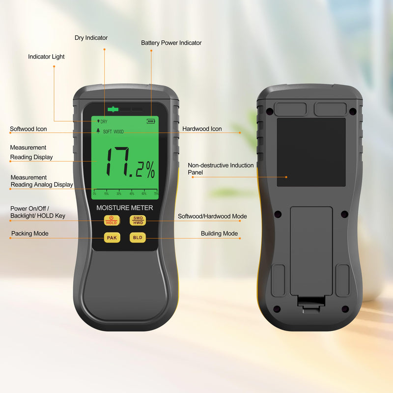 Pinless Moisture Meters, Accurate Digital Wood Moist Testing, Non-Destructive Moisture Detection in Drywall, Moisture Water Leak Detector for Lumber, Building, Humidity Tester, Non-Invasive
