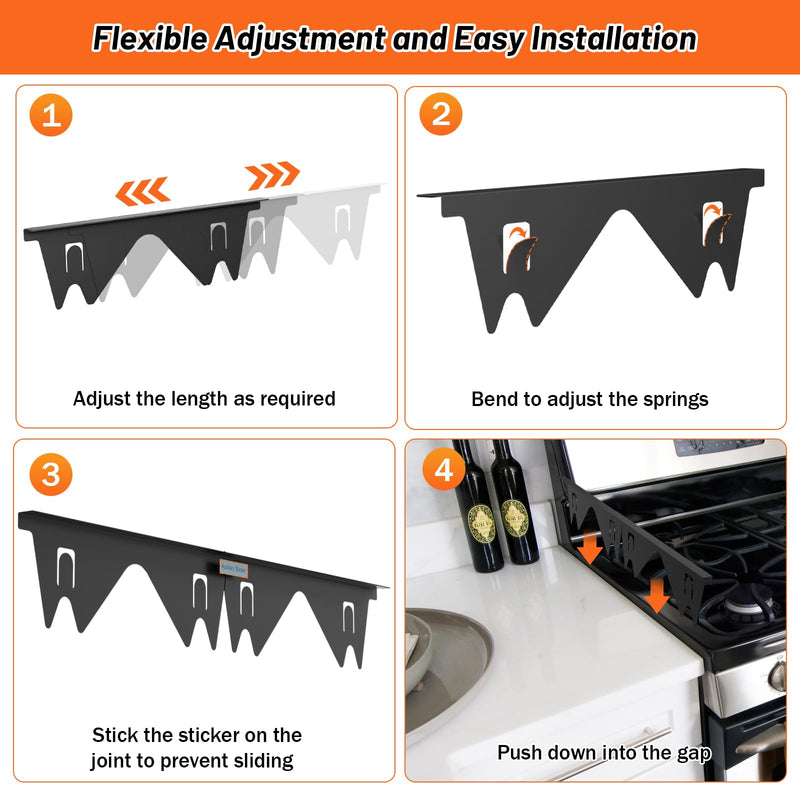 Stainless Steel Stove Gap Covers (2PCS),Stove Gap Filler,Range Trim Kit,Stove Guard for Kitchen Oven Gap Between Stovetop and Counter,Easy Clean Heat Resistant,Adjustable Length 13.8'' to 27.5'',Black Black
