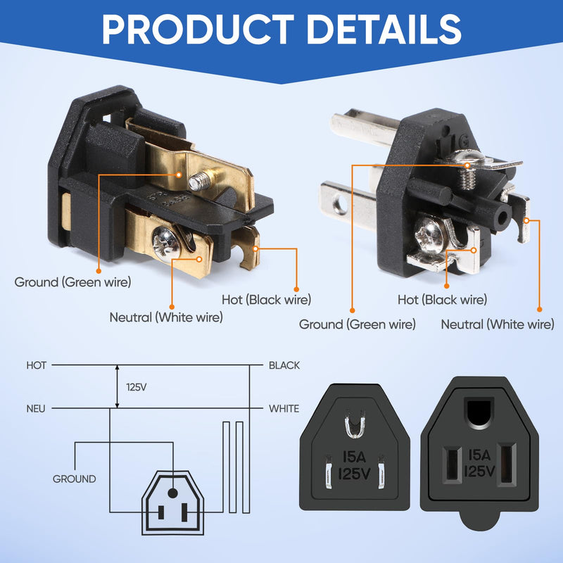 Extension Cord Repair Replacement Ends,Male and Female Electrical Plug Ends，Male Plug End Eeplacement 3 Prong,125V 15A 2Pole 3Wire Connector Straight Blade Plug (Male&Female,1 Set) Male and Female-1 Set