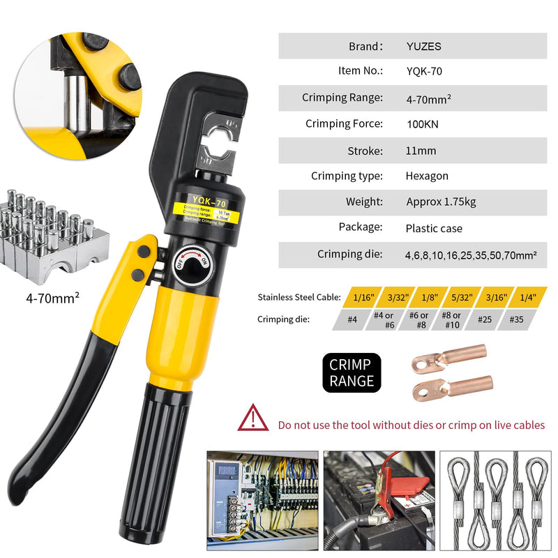 YUZES Hydraulic Crimping Tool 10 Tons 12 AWG to 00 (2/0),Battery Cable Crimping Tool with 4/6/8/10/16/25/35/50/70mm² Hexagonal Crimping Mold,Hydraulic Hose Crimper for Electrical Terminal Cable Wire YQK-70