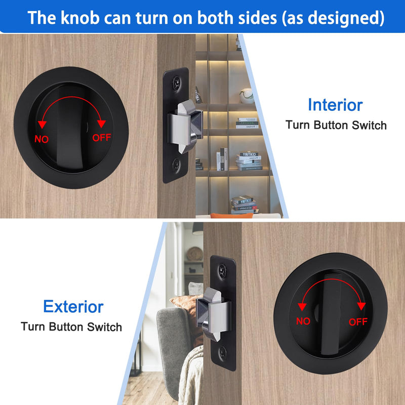 Dontay Pocket Door Passage Lock and Edge Pull, Non-Locking, Flush Mount, Low Profile Hidden Hardware, Flat Knob Handle for 1-3/8" to 2-3/16" Doors (1, Matte Black)