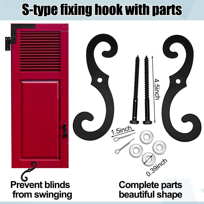 Moxweyeni 4 Pack (2 Pair) Steel Blind Shutter Hinges 1-1/16" with S Holdback Hook for Exterior Shutters Window Kit Steel with Black Powder Coating Lift Off Pintle Reversible Hinges Heavy Duty Door 6