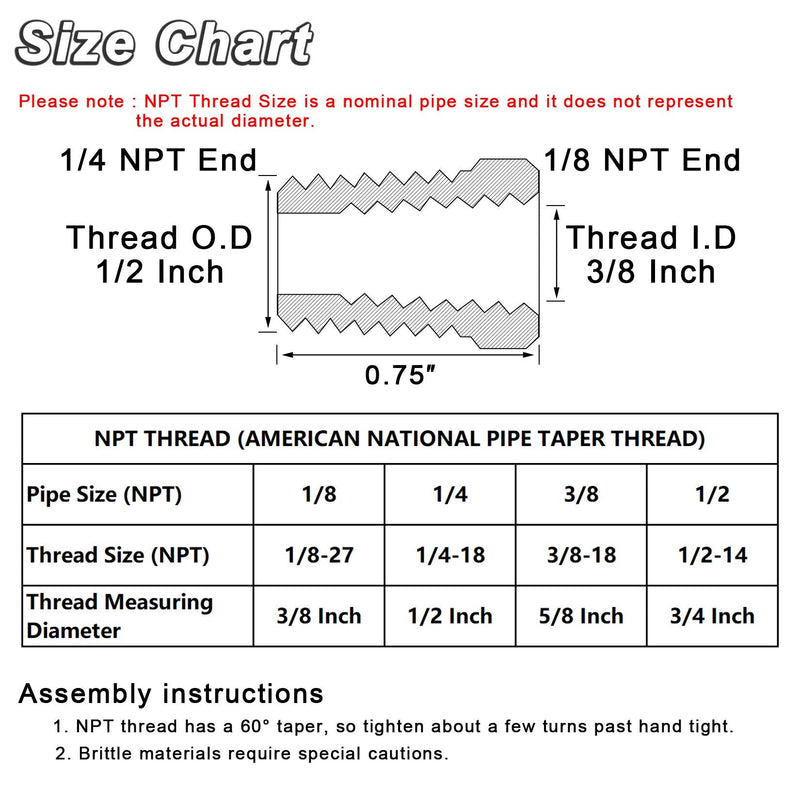KOOTANS 4pcs Heavy Duty 1/4 NPT Male Thread to 1/8 NPT Female Thread Brass Reducer Hex Bushing Brass Fitting Pipe Hose Tube Adapter Convert 1/4 x 1/8 NPT (O.D x I.D: 1/2'' x 3/8'')
