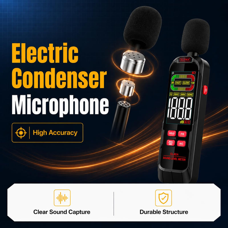 GL82A Digital Sound Level Meter, 30-130dB Decibel Meter with Backlit LCD, High Precision Noise Detector for Home, Office, Factory, Construction & Daily Use | Backlit LCD, High Precision Noise Detector, For Home, Office, Factory, Construction & Daily Use