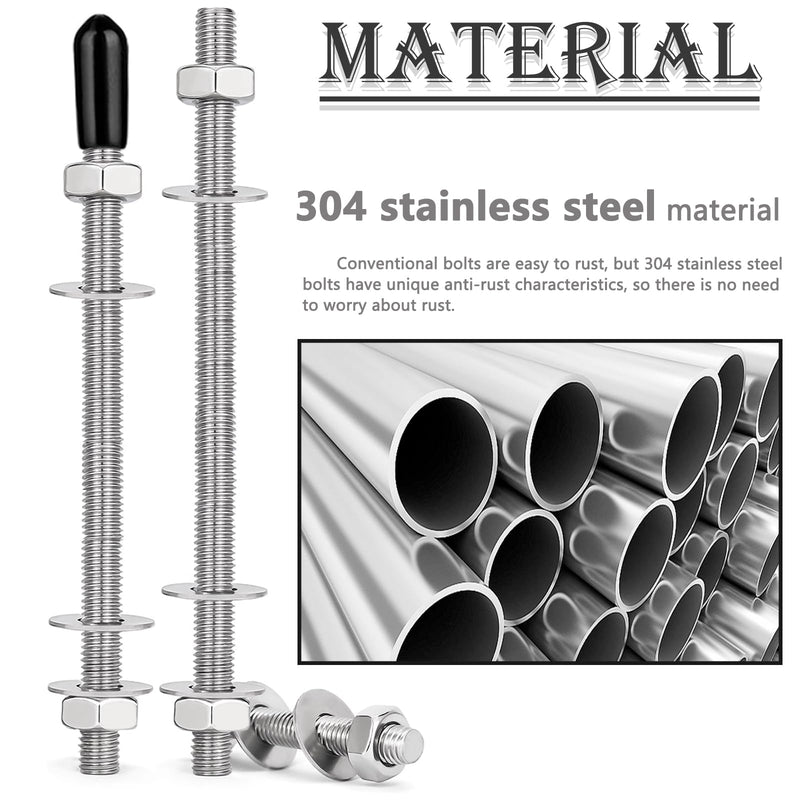 2Pcs M8x250mm Fully Threaded Rod 304 Stainless Steel Long Threaded Screw with Lock Nuts, Flat Washer & Rubber End Caps for Anchor Bolts Clamps Hangers U-Bolts