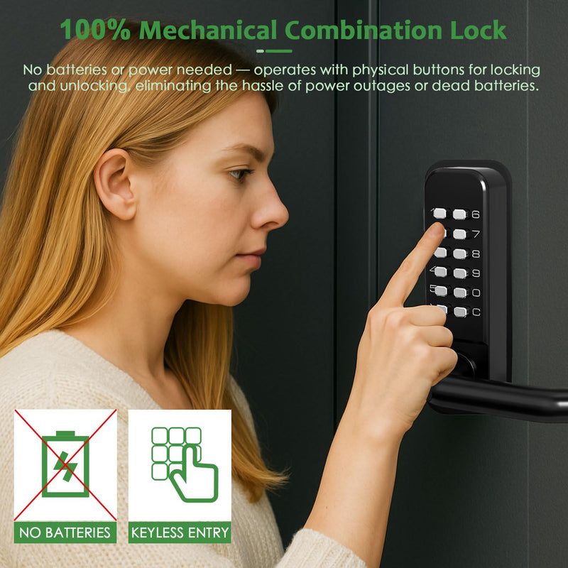 High-Security 12 Digit Keypad Mechanical Door Lock - Keyless Entry, Mechanical Code Lock with Handle, Waterproof & Rustproof, No Battery, Easy to Install, BH-MDLS0020202 Matte Black