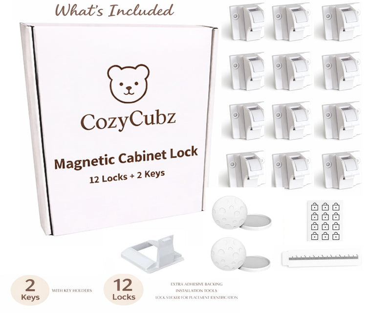 CozyCubz Magnetic Cabinet Locks Baby Proofing - 12 Locks + 2 Keys | Child Proofing Cabinet & Drawers | Invisible, No-Drill Child Safety Locks | Strong Hold, Easy Install, Damage-Free Child Proof Lock