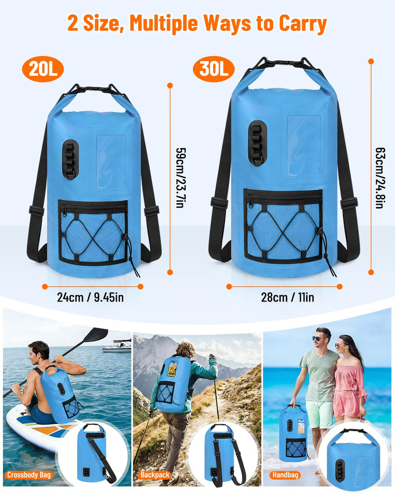 Waterproof Dry Bag, 20L/30L Roll Top Waterproof Backpack with Waterproof Phone Case, Heavy Duty Storage Bag for Women Men, for Travel, Kayaking, Boating, Rafting, Camping, Hiking & Beach Blue