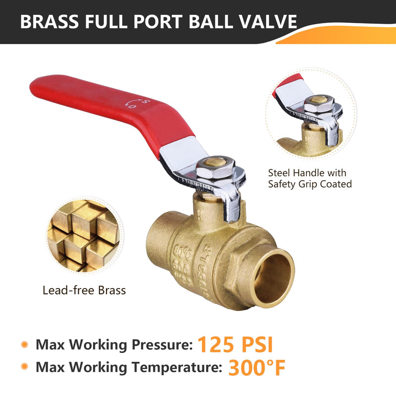 2-Pack 3/4 Inch Sweat Ball Valve, Brass Full Port Shut-off Valve,3/4" SWT x 3/4" SWT, 600 WOG (Water, Oil and Gas),Red 3/4 INCH,2 PACK SWEAT,RED