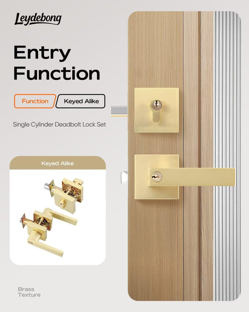Leydebong 1 Pack Gold Entry Door Locksets with Single Cylinder Deadbolt, Front Door Lock Set, Heavy Duty Entrance Lever Door Handle Single Keyed Square Deadbolt Lock Single Cylinder Deadbolt Lockset - Keyed Alike Satin Brass