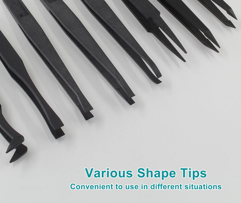 8Pcs Precision Plastic Tweezers, 4.5-4.8 Inch Anti-Static Tweezers Set with Curved and Straight Tips for Electronics Assembly, Watch Repair, Crafts Making (114-123mm, Black) 8