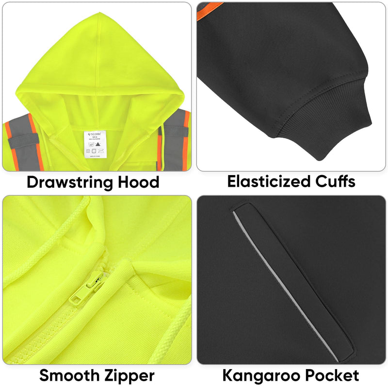 TICONN Safety Hoodie Jacket, High Vis Reflective Safety Fleece Hoodie, PPE Gear for Cold Weather Meet ANSI III X-Large Yellow&black