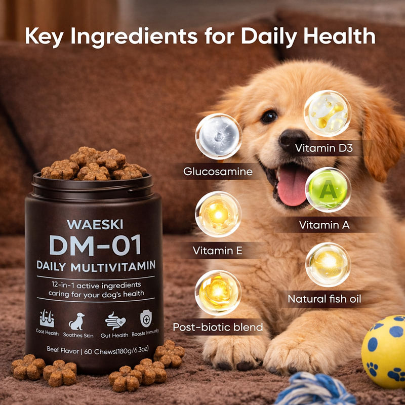 DM-01 Daily Multivitamin, Multivitamin Itch Relief Chews for Dog, Made with 12 Active Ingredients for Hip & Joint, Digestive & Boost Immunity, 60 Chew