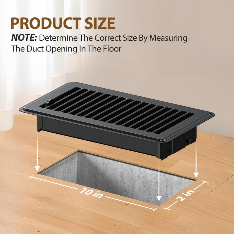 2x10 Floor Register, Floor Vent Covers 2 Pack, Steel Adjustable Air Supply Grille Register Vent Cover Grill for Sidewall and Floor, Vent Covers for Home Floor, Black 2X10 floor vent covers 2pack