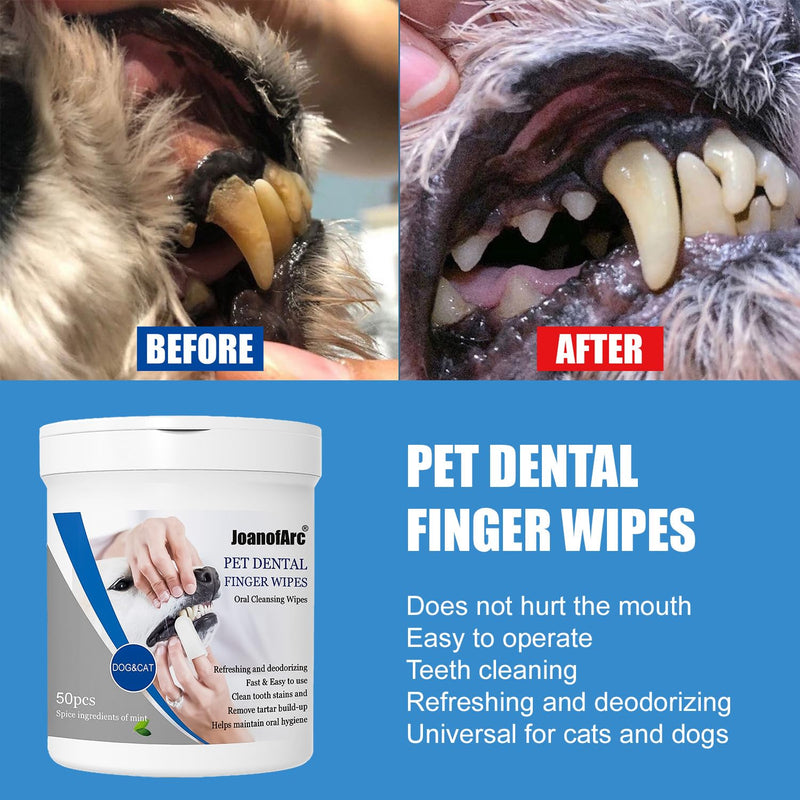 Cats Dogs Dental Care Finger Wipes, 50 PCS Dog Teeth Cleaning Wipes, Tooth Brushing Kit Dental Wipes for Cats,Reduces Dental Debris Freshens Breath,No-Rinse Daily Oral Care,Gentle Cleansing Gum Care