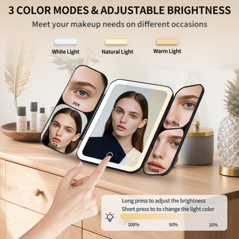 5-in-1 Led Vanity Makeup Mirror,1X Full Face & 5x/10x/20x/30x Times Magnification for Close-up Makeup, Compact Travel Magnifying Mirror with Light, Trifold Mirrors with Stand (Cool Black) Cool Black