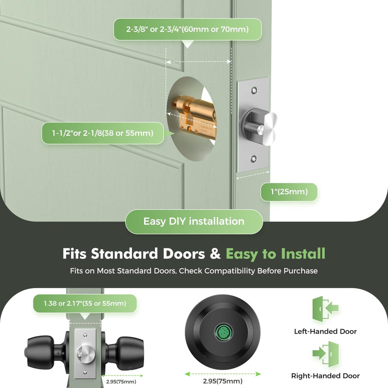 Fingerprint Door knob, Smart Door knob, Intelligent biometric Fingerprint Door Lock, keyless Entry, controllable via app, Suitable for bedrooms, Storage Rooms, Apartments, Offices, Hotels (Black) Black