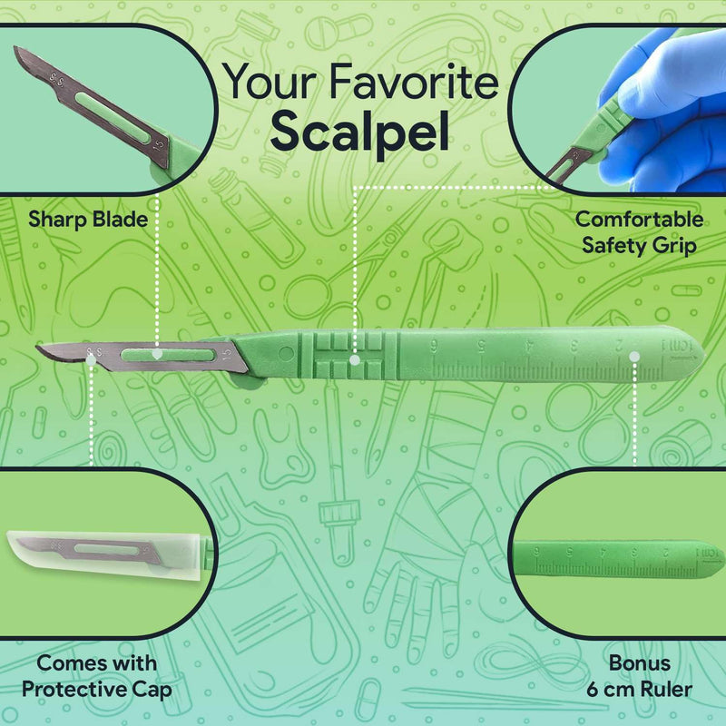 FifthPulse Disposable Surgical Scalpel Knife #15 - Ten Individually Wrapped Sterile Scalpel Blades - Surgical Blade Scalpels With Safety Grip