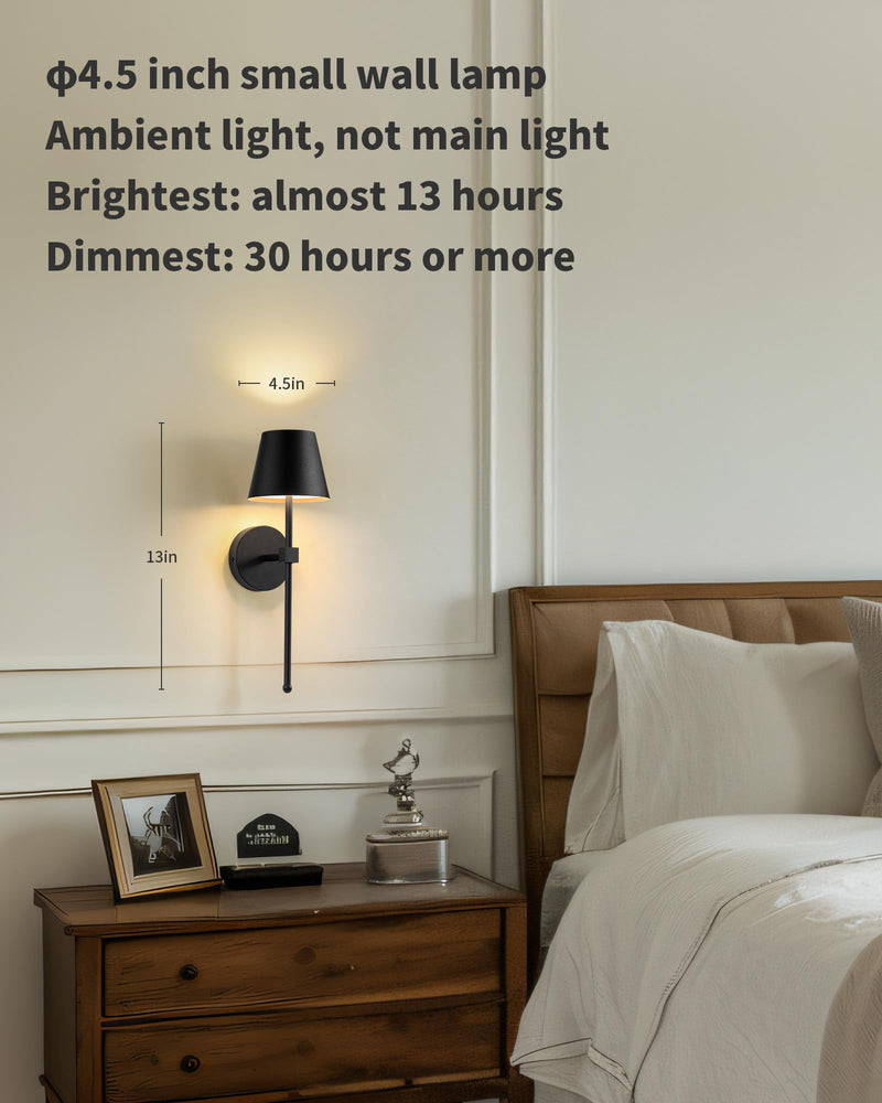 KDG Wireless Wall Sconces Set of 2, Small Cordless 5200mAh Rechargeable Battery LED Wall Lamps, Stepless Dimming Lightings for Wall Painting, Living Room, Bedroom, Hallway, Gifts, Night Light (Black) Black (2 Pack)