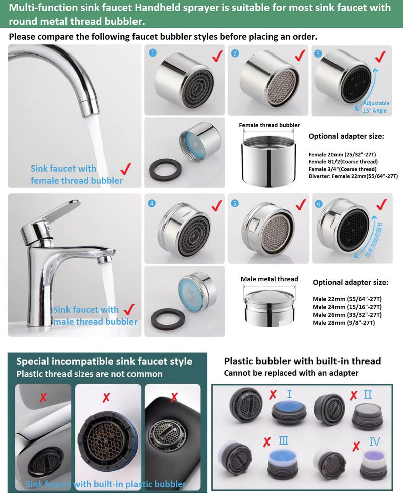 Sink Faucet Hose Sprayer Attachment handheld Sink Sprayer with ON/Off & 7 Adapters Extension Shampoo Hose Shower Head for Hair Washing Baby Bath Pet Rinse (6.5ft Silver Sink Shower Set) 6.5ft Silver Sink Shower Set