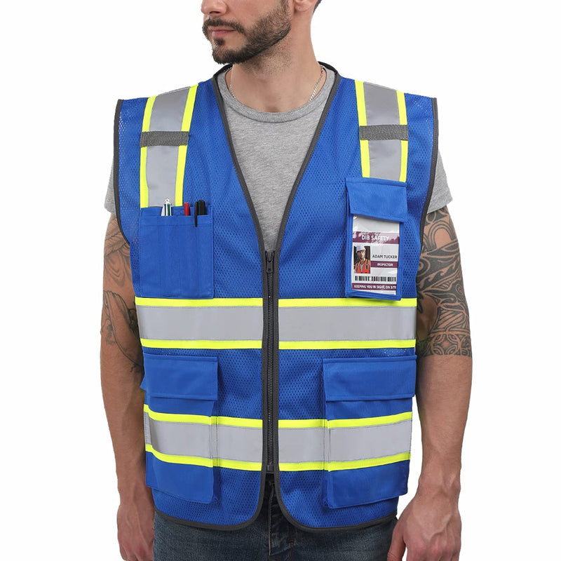 Dib Safety Reflective Mesh Vest High Visibility Two Tone with Pockets and Zipper, Blue Mesh with Yellow Trim L Large