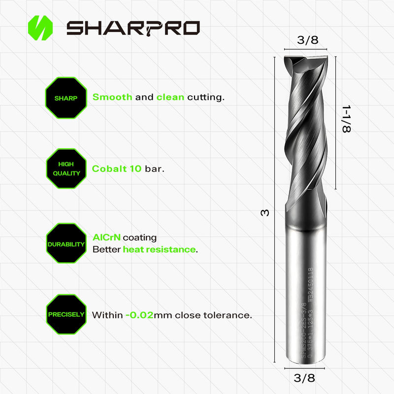 Carbide End Mill Bit 2 Flute CNC Route Bit 3/8 Cutting Diameter, AlCrN Coated Upcut Spiral Router Bit for Alloy Steel, Stainless Steel, Cast Iron, Aluminum 3/8"DIA - 1-1/8"CL - 3/8"SHK