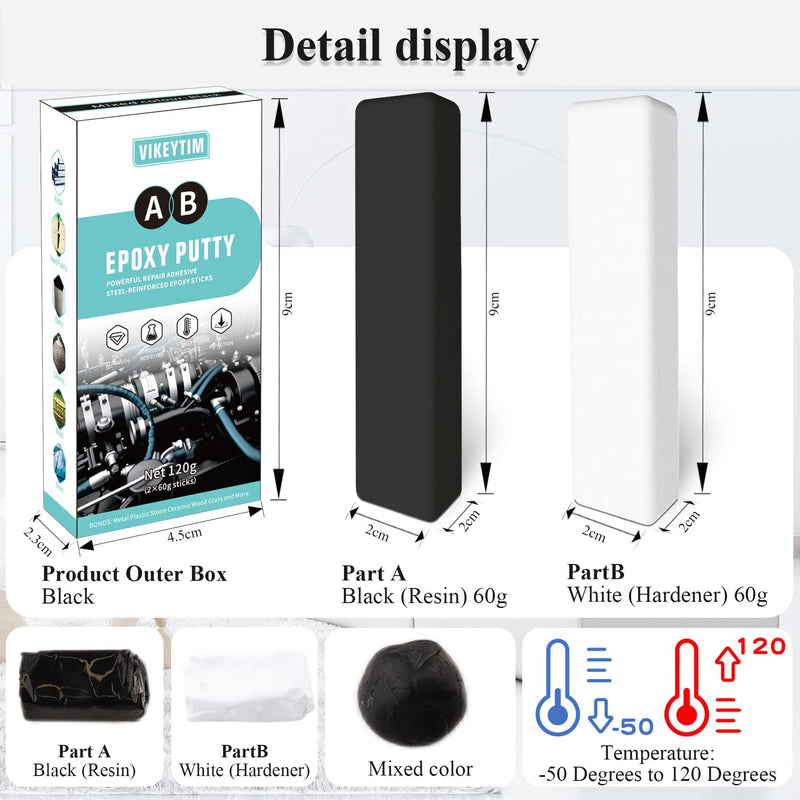 Epoxy Putty, 120g Hard and Fast Metal Epoxy Putty, Metal, Sculpture, Hard Plastic, Stone, Wood Fast Bonding and Repair, 2 Part Epoxy Putty Heat Resistant and Waterproof (Black)