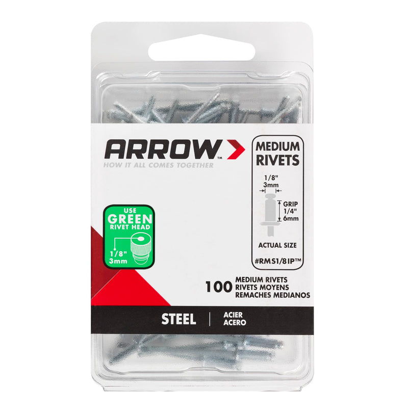 Arrow RMS1/8IP Medium Steel 1/8-Inch Pop Rivets for Metal, Fabric, Leather, and Auto Repair, 100-Pack
