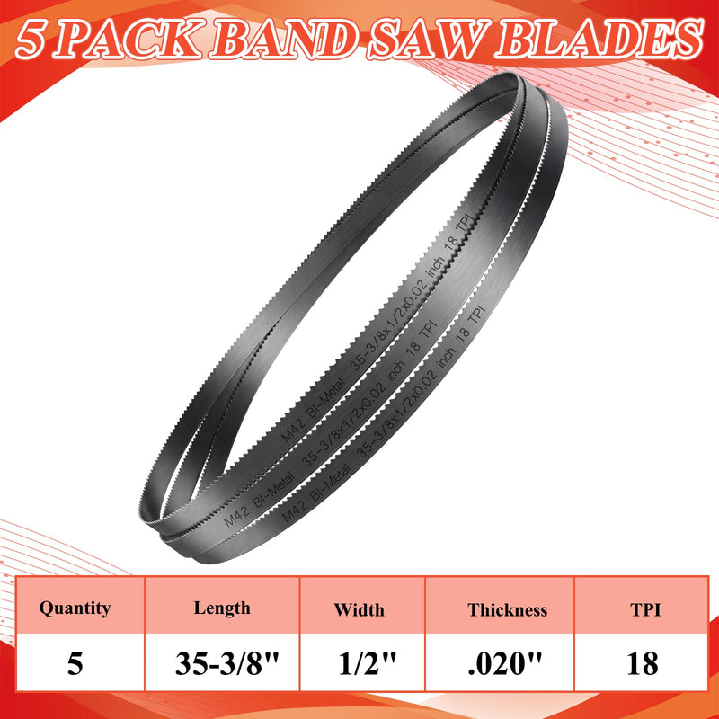 5 Pack 35-3/8 Inch Portable Band Saw Blades - 18 TPI, 1/2'' Width, 0.020'' Thickness, Bi-Metal Replacement Bandsaw Blades 35-3/8''