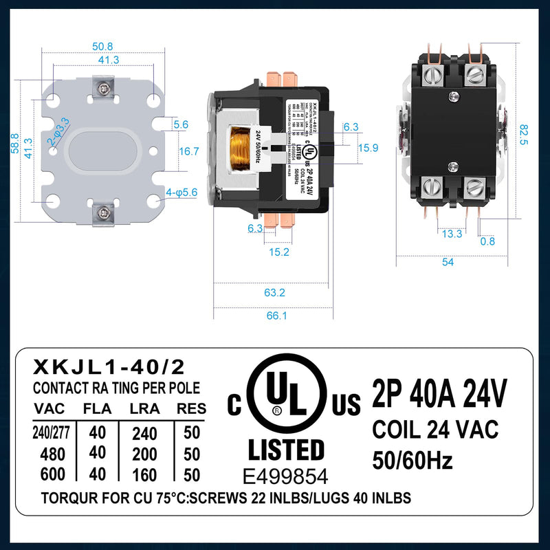 HVAC Motor Contactor, 24V 40 Amp Coil 2 Pole Replacement Relays Compatible with C230B, Air Conditioner, Heat Pump, Refrigeration Systems