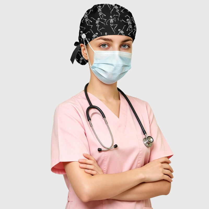 Ponytail Scrub Cap for Women - Surgical Caps with Breathable Fabric,Comes with a Matching Bow Scrunchie Hair Tie Black Skull