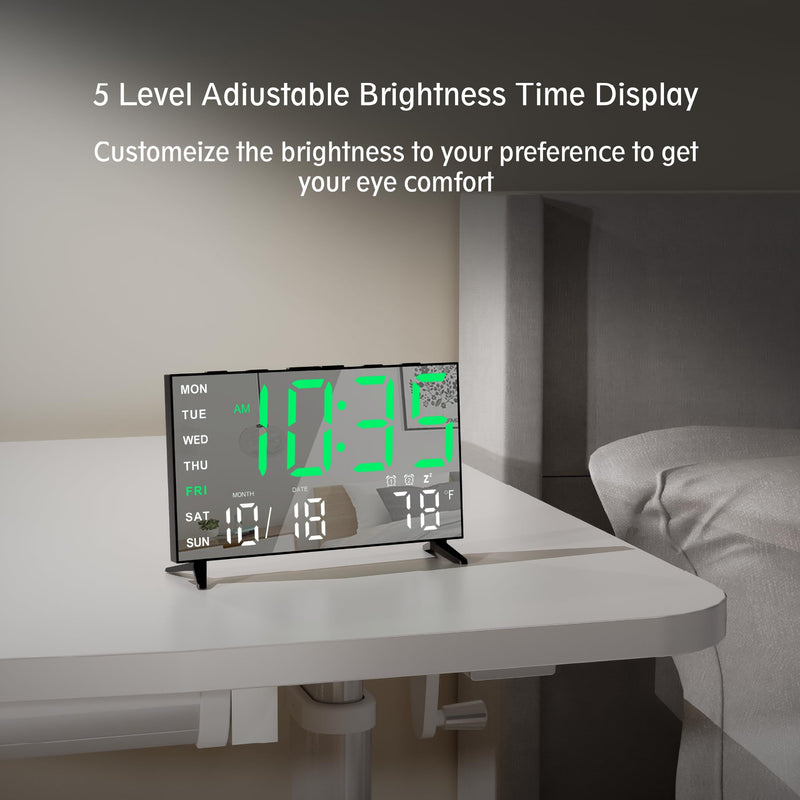 Mirror Digital Loud Alarm Clock with with Date,Indoor Temperature,USB Charging Port,Dimmer,Adjustable Volum,12/24H,Snooze,Dual Alarms (Weekday/Weekend),Perfect for Bedroom and Living Room Black+green Digit