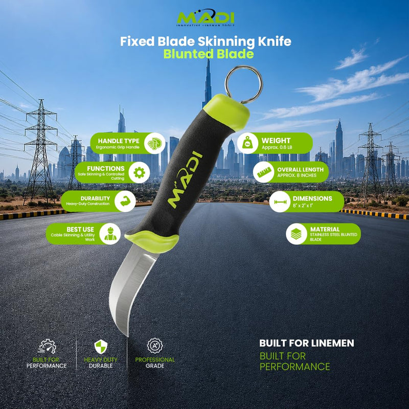MADI Fixed Blade Skinning Knife – Blunted Utility Blade for Linemen, Electrical & Utility Work - FBSK-3B