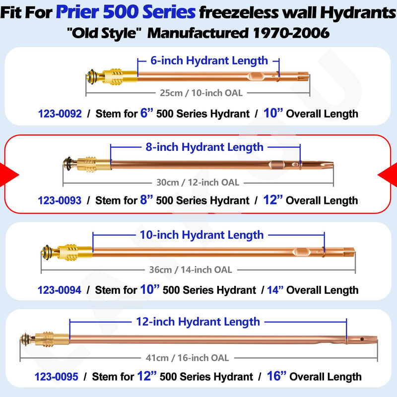 123-0093 Stem Assembly Replacement fit for Prier 500 Series Mansfield Style Wall Hydrants, 12-inch Overall Length, 8-inch Sillcock ASFP 12” OAL