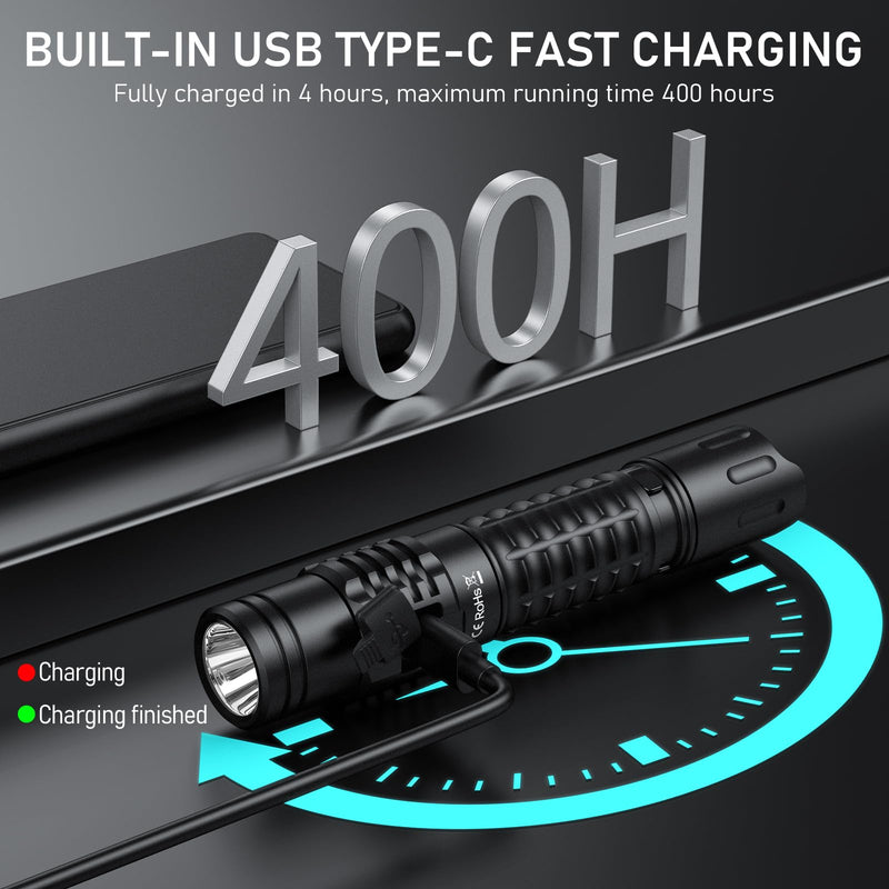 Wurkkos FC12C Tactical Flashlight 1600 High Lumens, USB-C Rechargeable LED Flashlights, 332M Long Throw Flash Light, IP68 Waterproof, Dual Switches and Constant Current Circuit for Home Camping Hiking Black