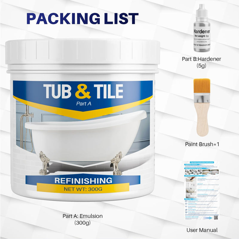 Tub and Tile Refinishing Kit, 10.6oz Bathtub Refinishing Kit with Tools, DIY Tub Paint White for Bathtub, Shower, Kitchen Countertop, Porcelain, Easy to Cover & Low Odor 10.6 Fl Oz (Pack of 1)