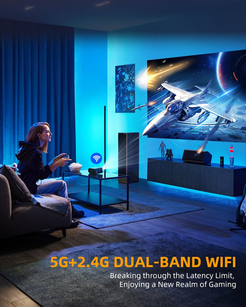 Mini Projector with WiFi and Bluetooth, Outdoor Portable Mini Projector for iPhone Supports 1080P with Built-in Speaker, Movie Projector for Home Theater Compatible with iOS/Android/PC/TV Stick/HDMI