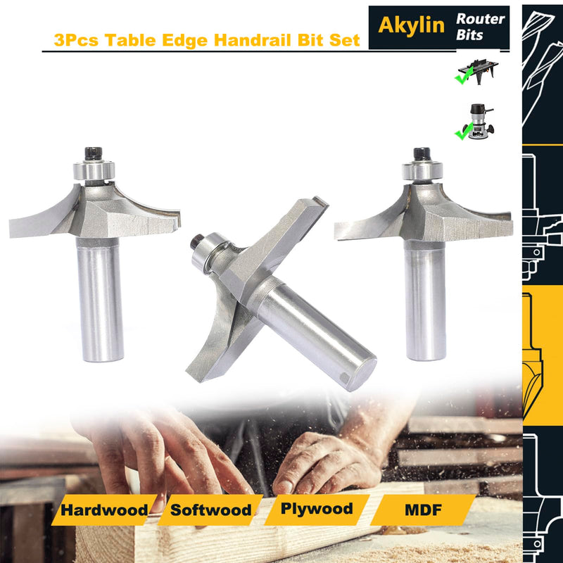 3Pcs Table Edge and Handrail Router Bit,1/2 Inch Shank, Cutting Depth 3/4",7/8",1" Thumbnail Edge Cutters, Carbide Tipped 2 Flute, for Table Wood Profiling,Molding,Edging 3 Pcs Thumbnail (1/2" x 2"-2-1/2")