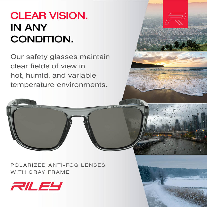 Riley Navigator X Safety Glasses – Anti-Fog, Scratch/Impact Resistant & Polarized Lenses, Lightweight Full-Frame for Work, Outdoors, & Active Lifestyles, Gray