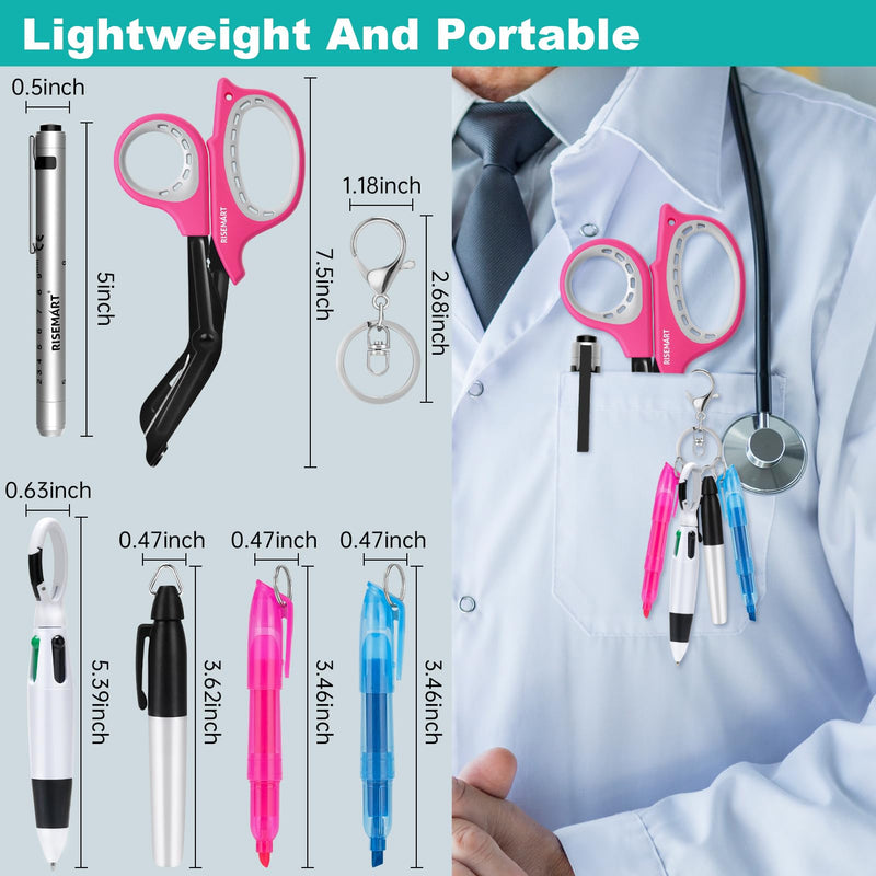Rechargeable Pen light & Medical Scissors for Nurse -7.5"Trauma Shears Warm/white Penlight with Pupil Gauge,with 4 Pen Set for Nurse,Nursing Student, Doctor #Pink Bandage Scissors +Silver Pen Light Pink Bandage Scissors +Silver Pen Light