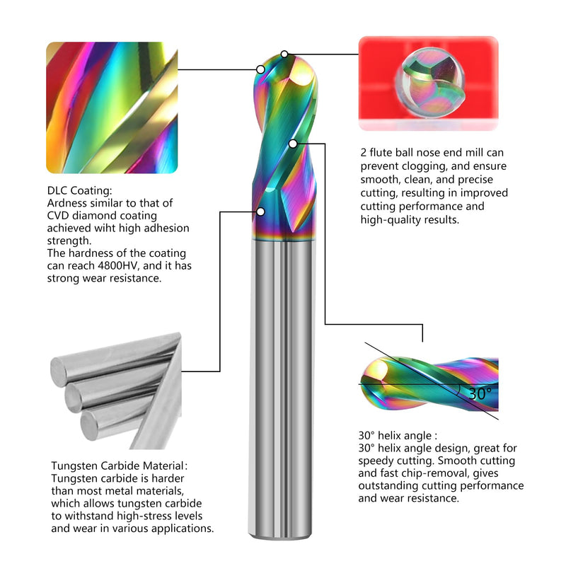 1/2" Solid Carbide Ball Nose End Mill 2Flute DLC Coated HRC55 CNC Milling Cutter Bits for Copper & Aluminum Alloys 1/2 in