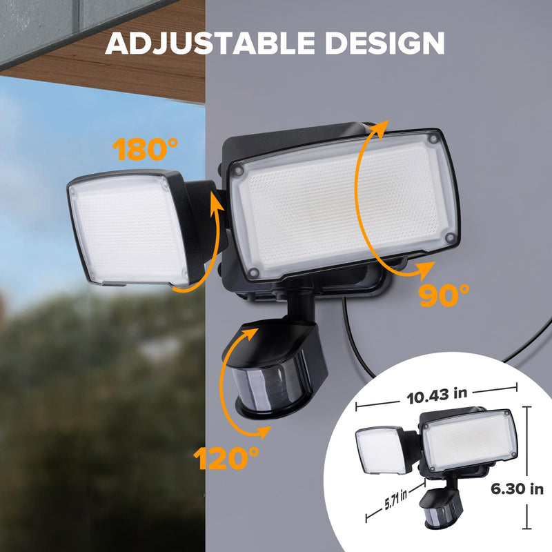 LUTEC 21W Plug in Motion Sensor Light Outdoor, Flood Lights Outdoor Motion Sensor,2500LM, 5000K Daylight,IP65 Waterproof,Adjustable 2 Heads Wall Light for Garage, Porch, Yard - Black 1 Pack
