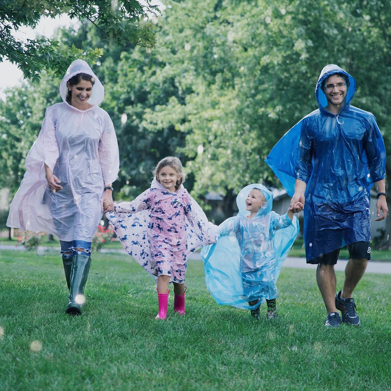 Disposable Rain Ponchos Family Pack (8 pack) - Waterproof Rain Poncho with Hood for Adults and Kids - Travel Rain Poncho Pack for Emergency Storms - Kids Ponchos with Fun Designs