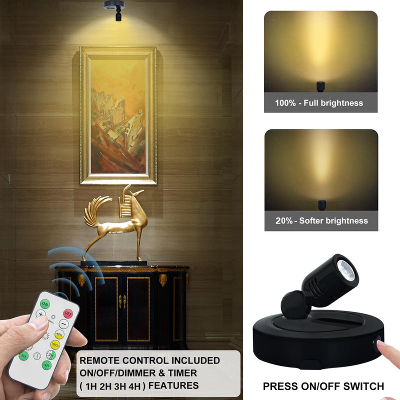 Battery LED Spotlight, Indoor Spotlights, Battery Powered Spot Lights with Remote, Up Lighting for Plants, Picture Light for Wall Art Display Dartboard Painting Artwork Accent-2Pack Black-3000K