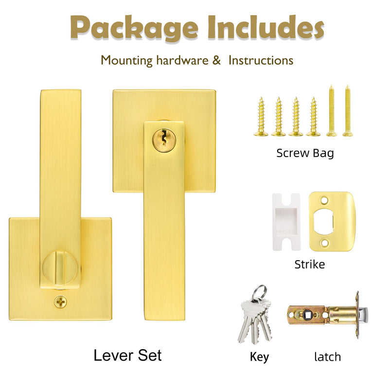 Gold Door Handles Door Knobs with Lock,Satin Brass Door Lever Keyed Front Entry Door Handle Interior/Exterior (1 Pack) Entry - 1 Pack - Not Keyed Alike Satin Brass