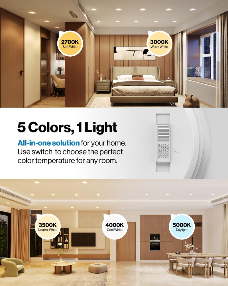 Sunco 5CCT Retrofit LED Recessed Lighting 6 Inch, 2700K/3000K/3500K/4000K/5000K Selectable, Dimmable Can Lights, Smooth Trim, 13W=75W, 965LM, Damp Rated, UL-Certified 2 Pack