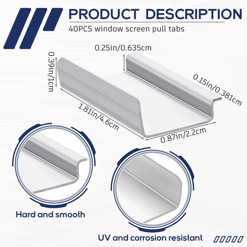 40 Pcs Window Screen Pull Tabs Window Screen Spline Channel Pull Lift Tabs Aluminum Replacement Parts for Anti UV Don't Broken C Shape (Sliver) Sliver 40
