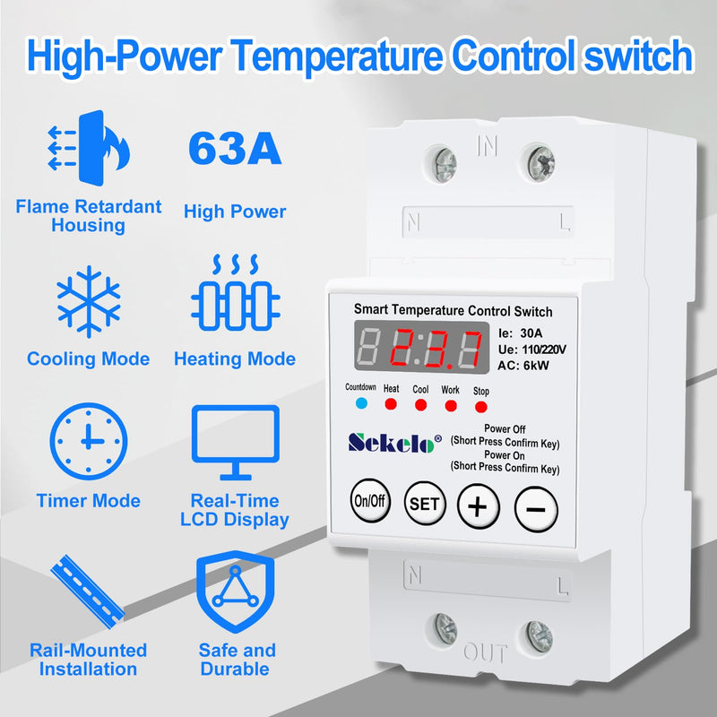 High-Power Temperature Control Switch, Rail-Mounted Digital Thermostat with Real-Time LCD Display for Heating & Cooling, 63A 110/220V, -40°C to 140°C, Ideal for Greenhouses, Aquaculture,Boilers
